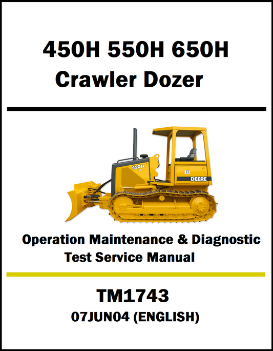 Service manual cover for John Deere 450H, 550H, and 650H crawler dozers with a yellow bulldozer illustration on a white background.