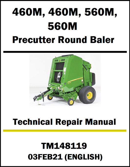 Technical repair manual cover for a precutter round baler with product details.