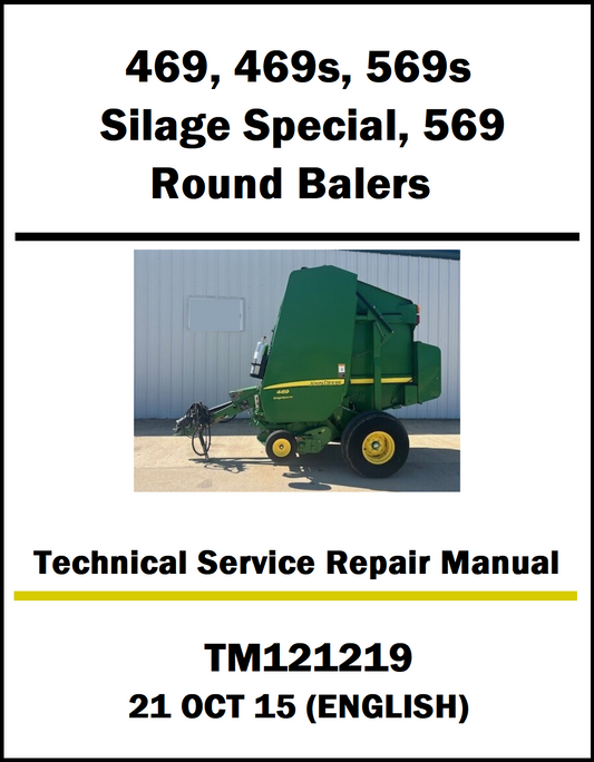 Technical service repair manual for John Deere balers with a green baler on a white background.