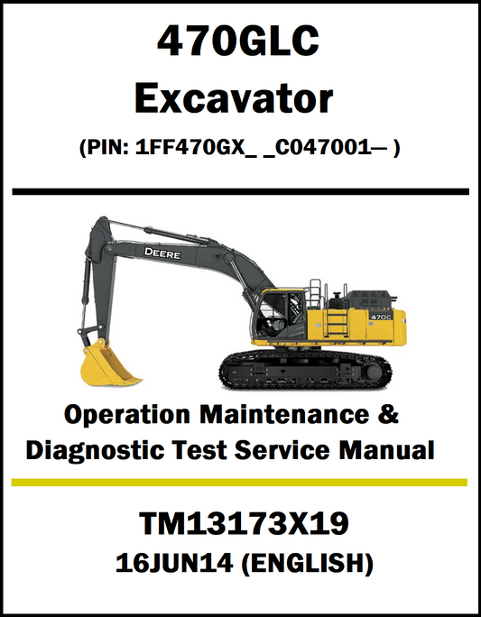 Service manual cover for John Deere 470GLC excavator with illustration and text.