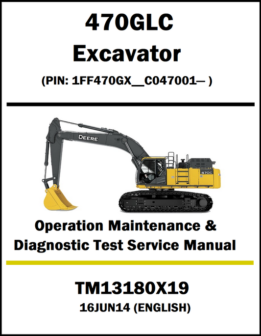 Service manual cover for John Deere 470GLC excavator with illustration and text.