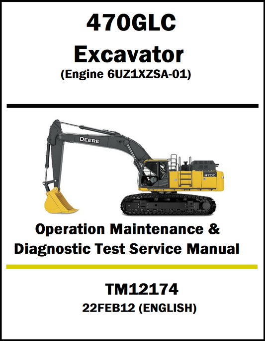 Service manual cover for John Deere 470GLC excavator with technical specifications.