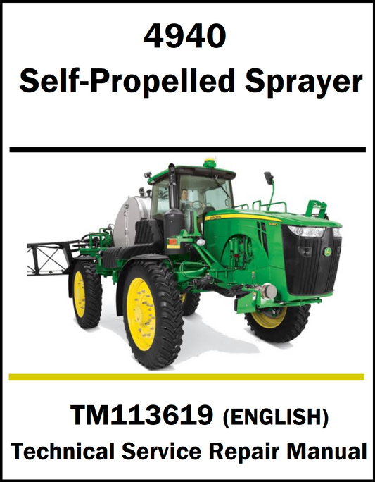 Front cover of a John Deere 4940 self-propelled sprayer technical service repair manual, showing a green and yellow tractor with a sprayer attachment on a white background with black and yellow text.