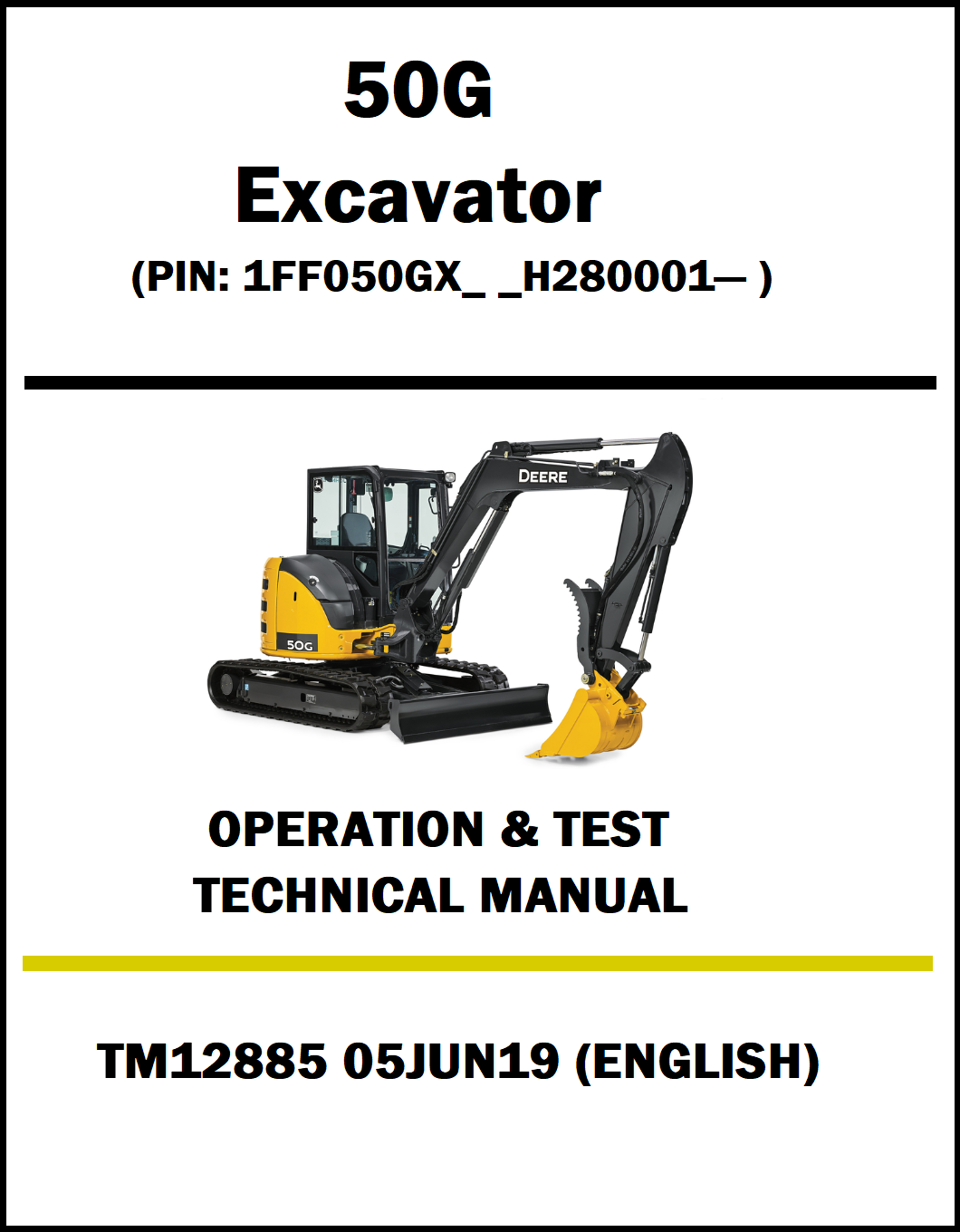 Cover of a technical manual for a 50G Excavator with a picture of the excavator on a white background.