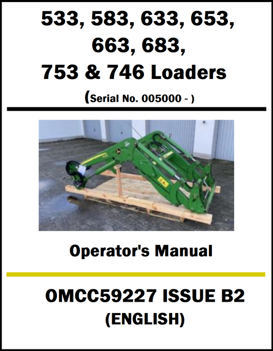 Operator's manual cover for John Deere loaders with a green loader on a pallet.