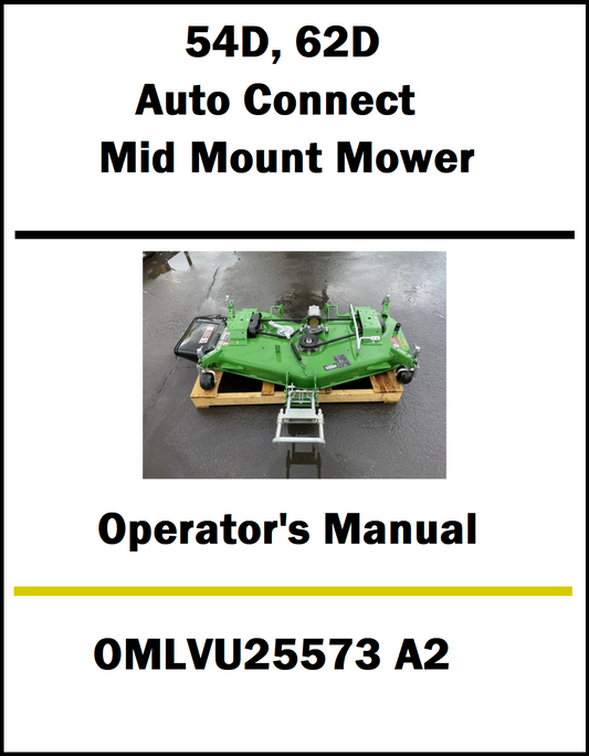 Operator's manual for a 54D, 62D Auto Connect Mid Mount Mower with a green machine on a pallet.