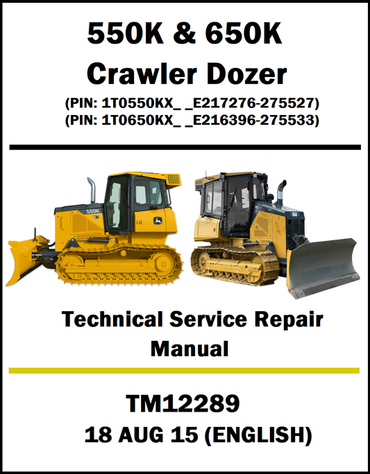 Technical service repair manual cover for 550K & 650K Crawler Dozer with images of the dozers on a white background.