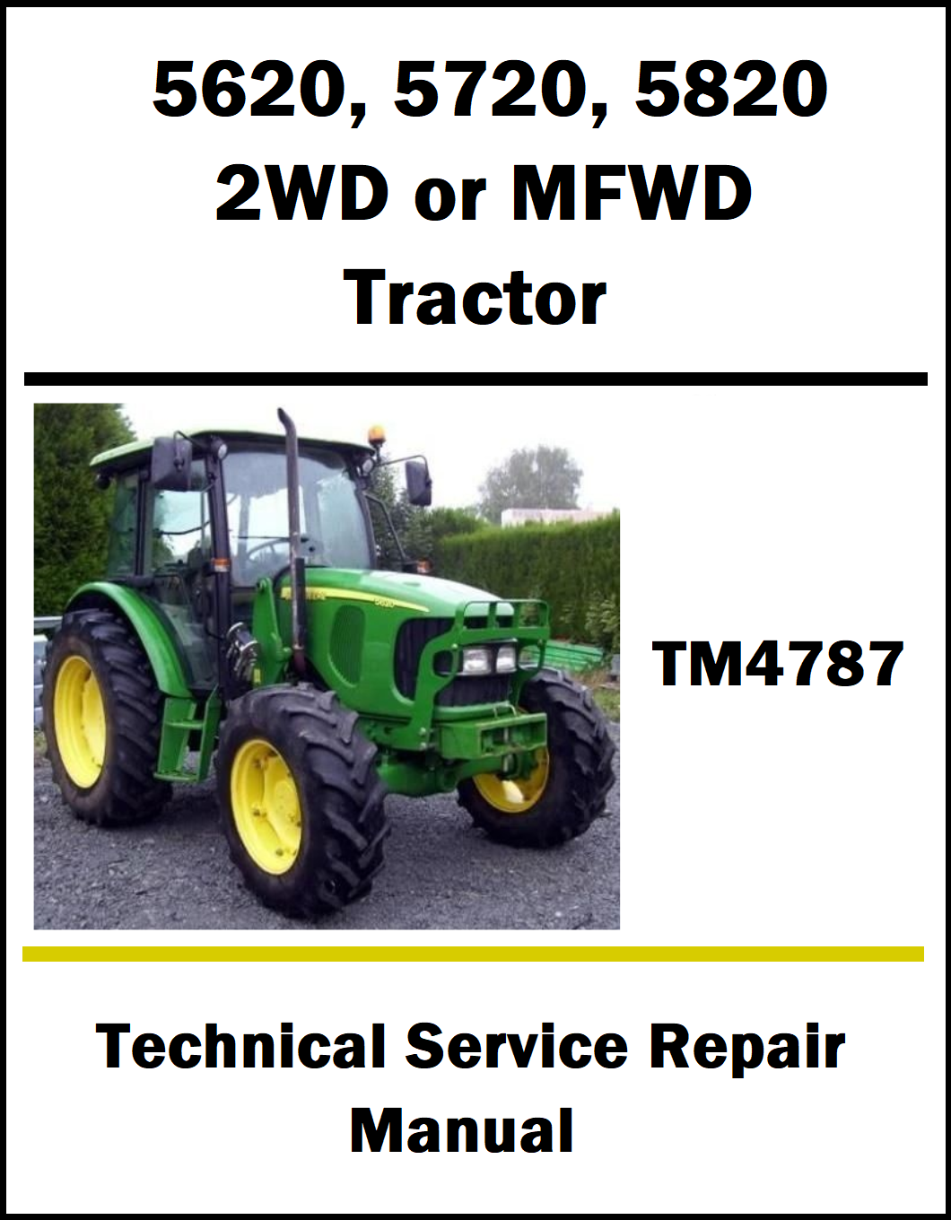 John Deere tractor with technical service repair manual text on a white background