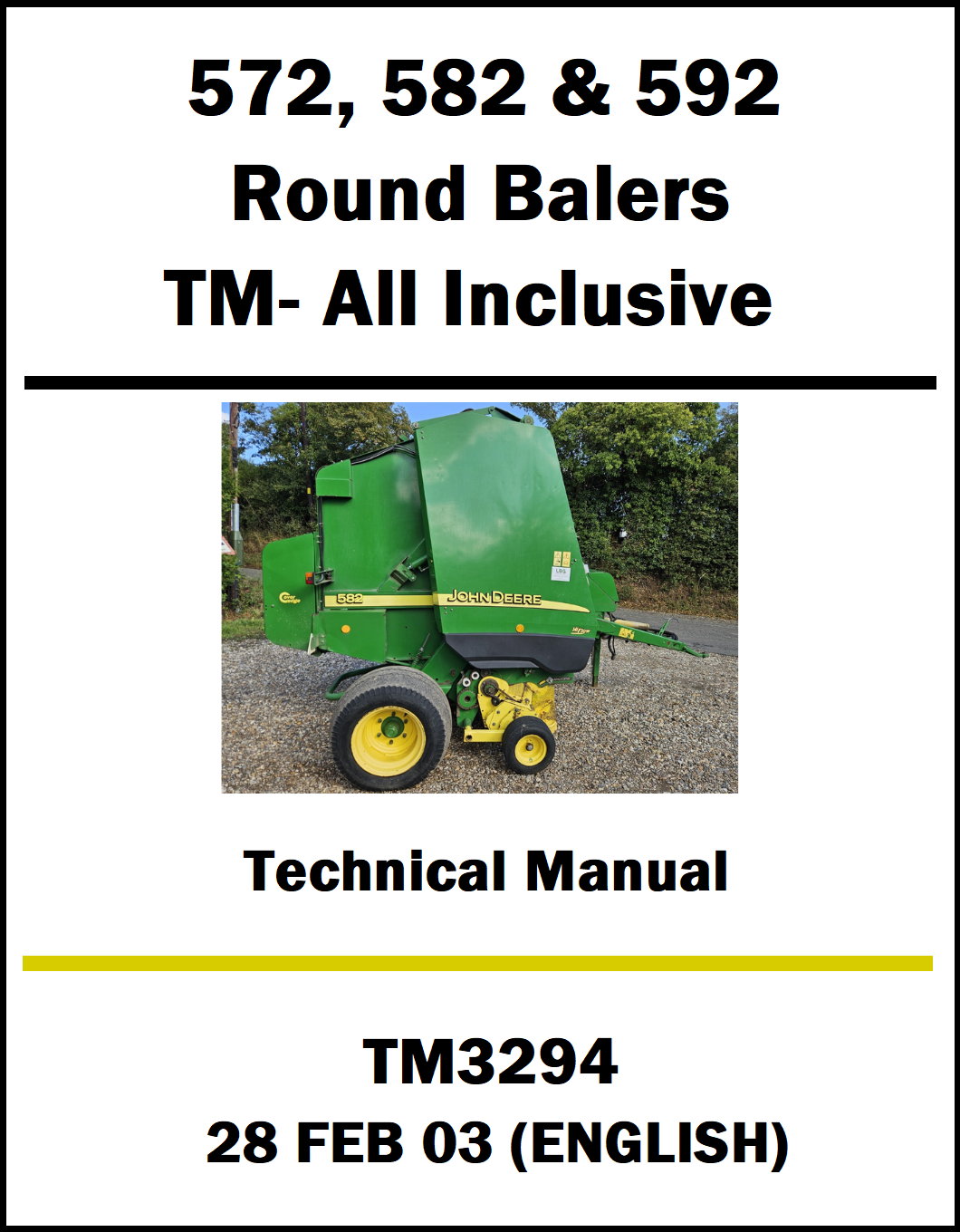 Technical manual cover for John Deere round balers with a photo of a green baler.