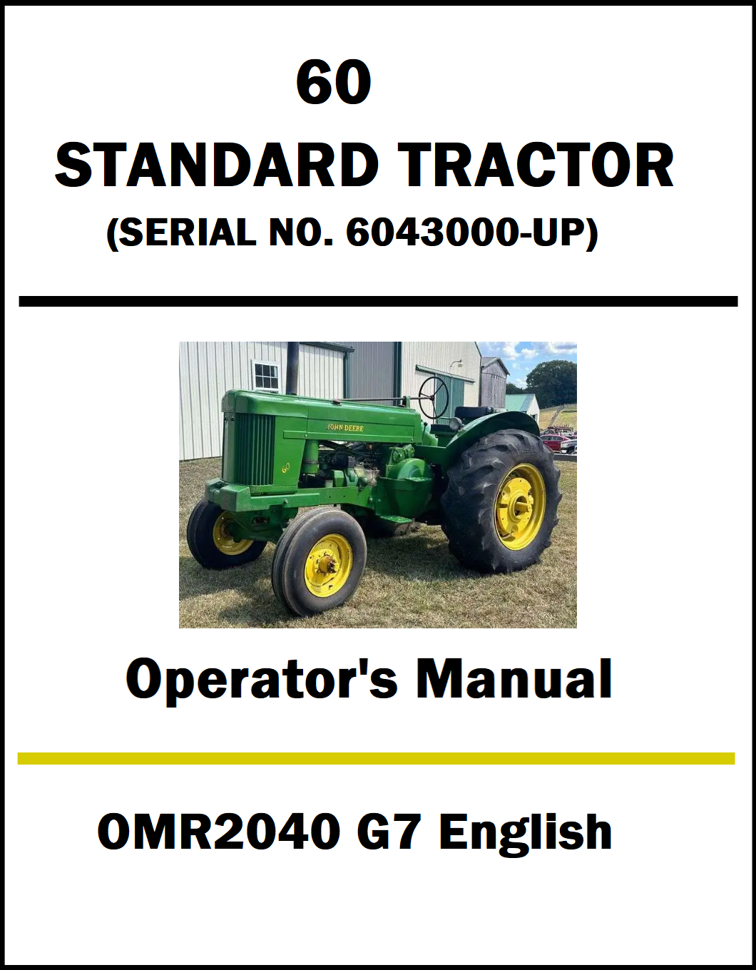 Operator's manual cover for a John Deere 60 Standard Tractor with a tractor image on a white background.