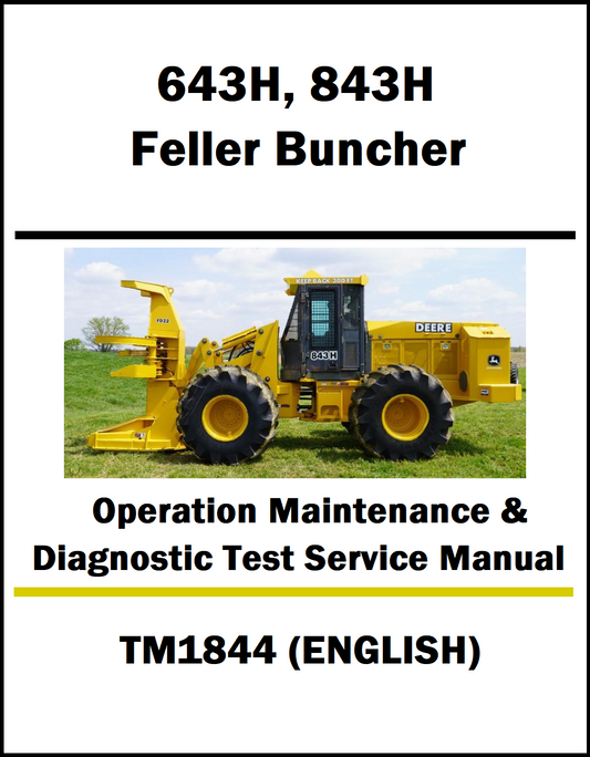 Service manual cover for John Deere 643H and 843H feller buncher with a photo of the machine on a white background.