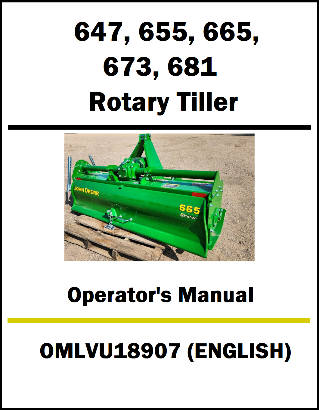 Operator's manual for a John Deere rotary tiller with product image on a white background.