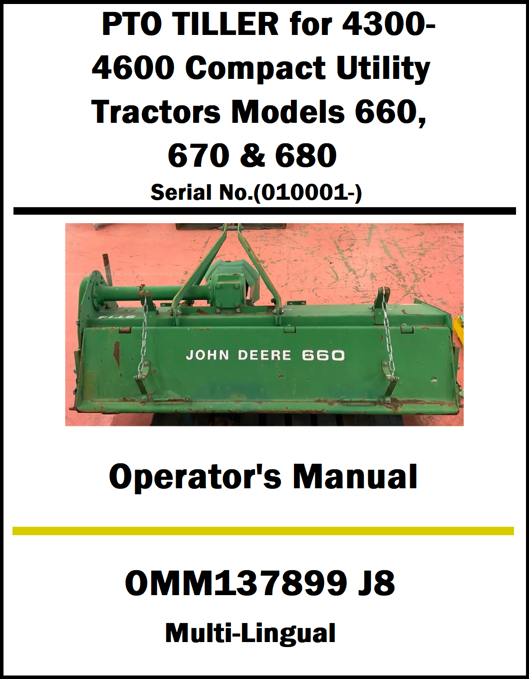 Operator's manual for John Deere 660 PTO tiller on a white background
