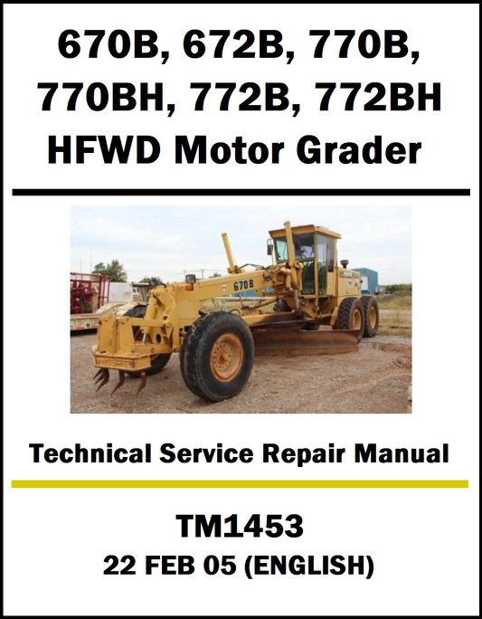 Cover of a technical service repair manual for a motor grader with a photo of the equipment on a white background.