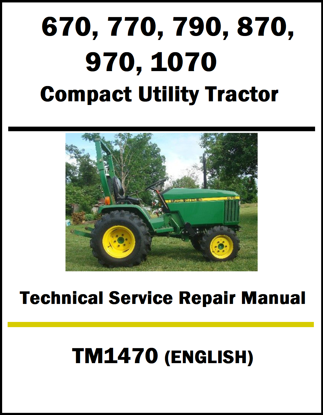 Service repair manual cover for John Deere compact utility tractors with a tractor image on a white background.
