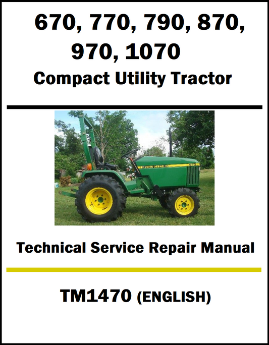 Service repair manual cover for John Deere compact utility tractors with a tractor image on a white background.
