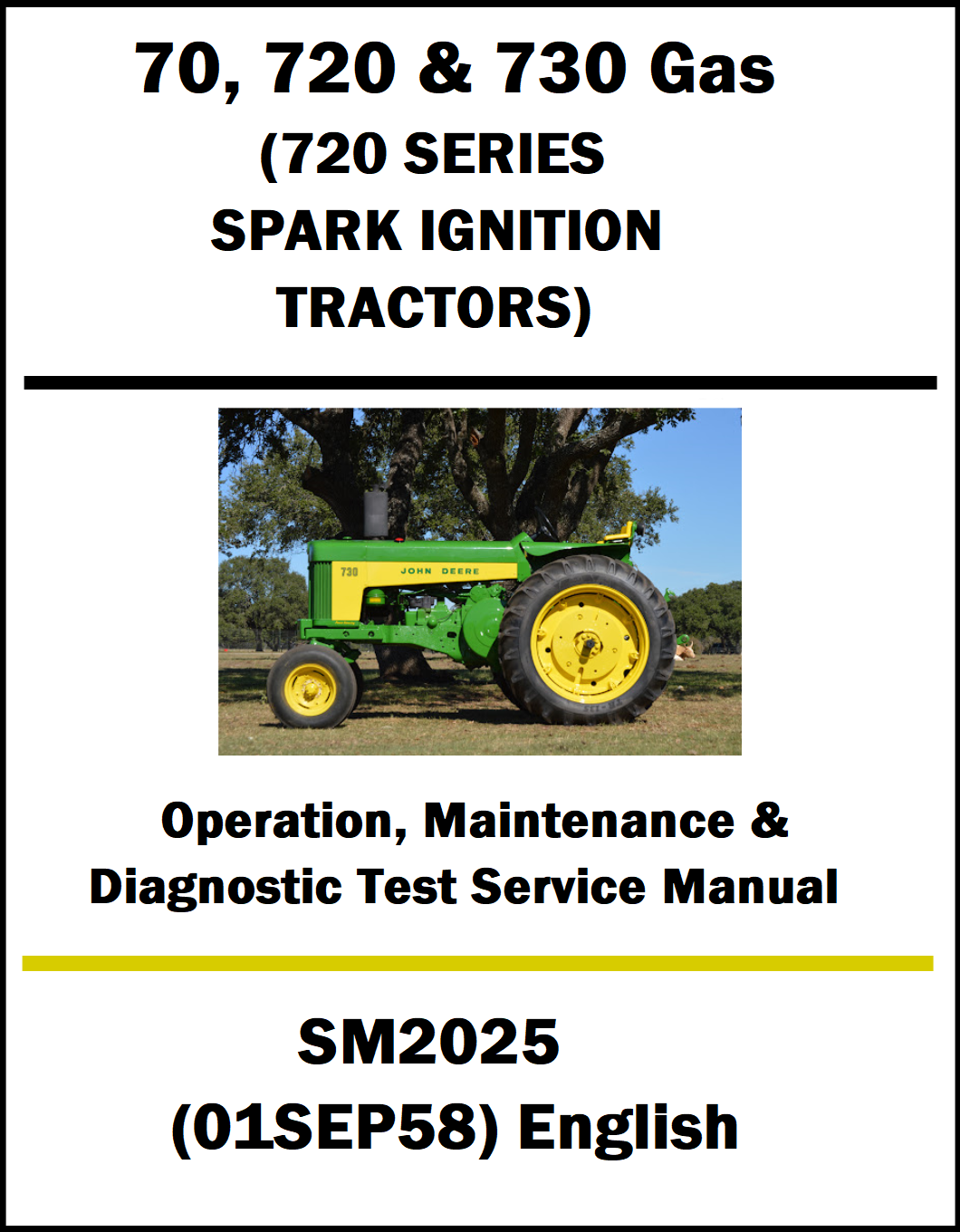 Manual cover for John Deere 70, 720 & 730 Gas tractors with a tractor image on a white background.