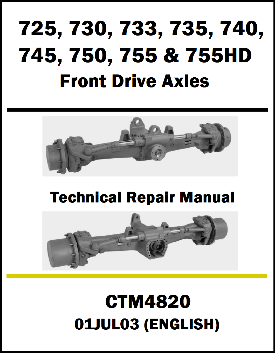 Technical repair manual for front drive axles with product images and specifications.
