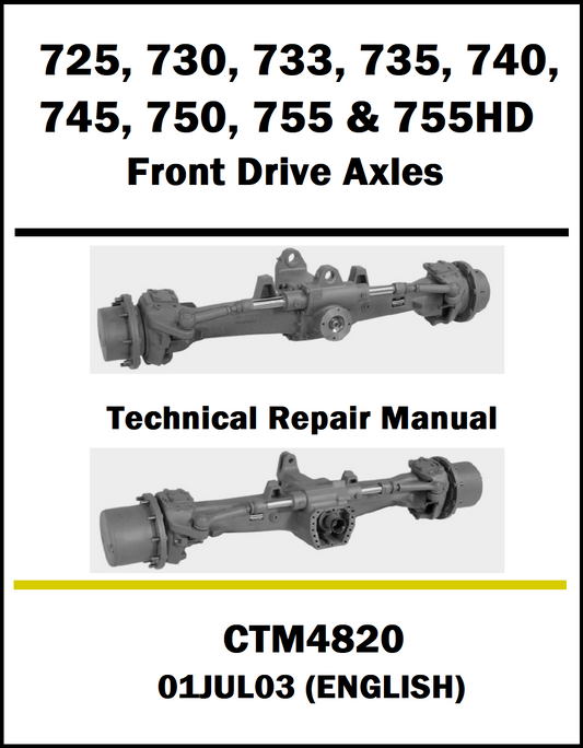 Technical repair manual for front drive axles with product images and specifications.