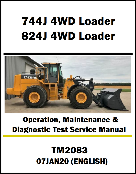 Manual cover for 744J and 824J 4WD Loaders with a Deere loader on a white background.