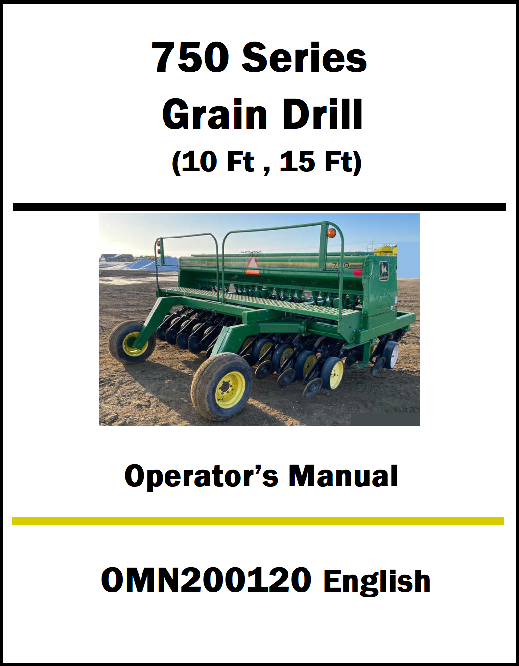Operator's manual for John Deere 750 Series Grain Drill with a tractor and field background.