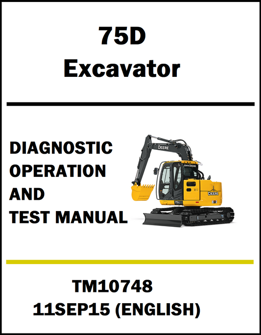 Manual for John Deere 75D Excavator diagnostic operation and test, featuring a yellow excavator illustration on a white background.