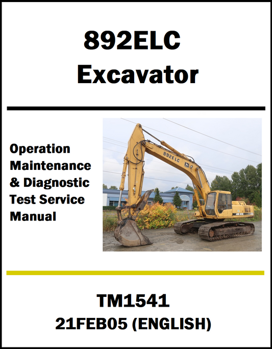 Manual cover for 892ELC Excavator Operation, Maintenance, and Diagnostic Test Service Manual with a photo of an excavator.