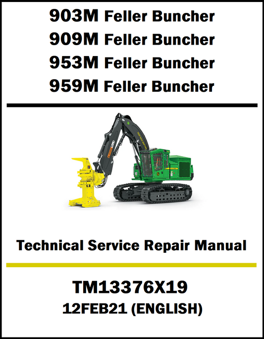 Cover of a technical service repair manual for John Deere feller buncher models with a model illustration.