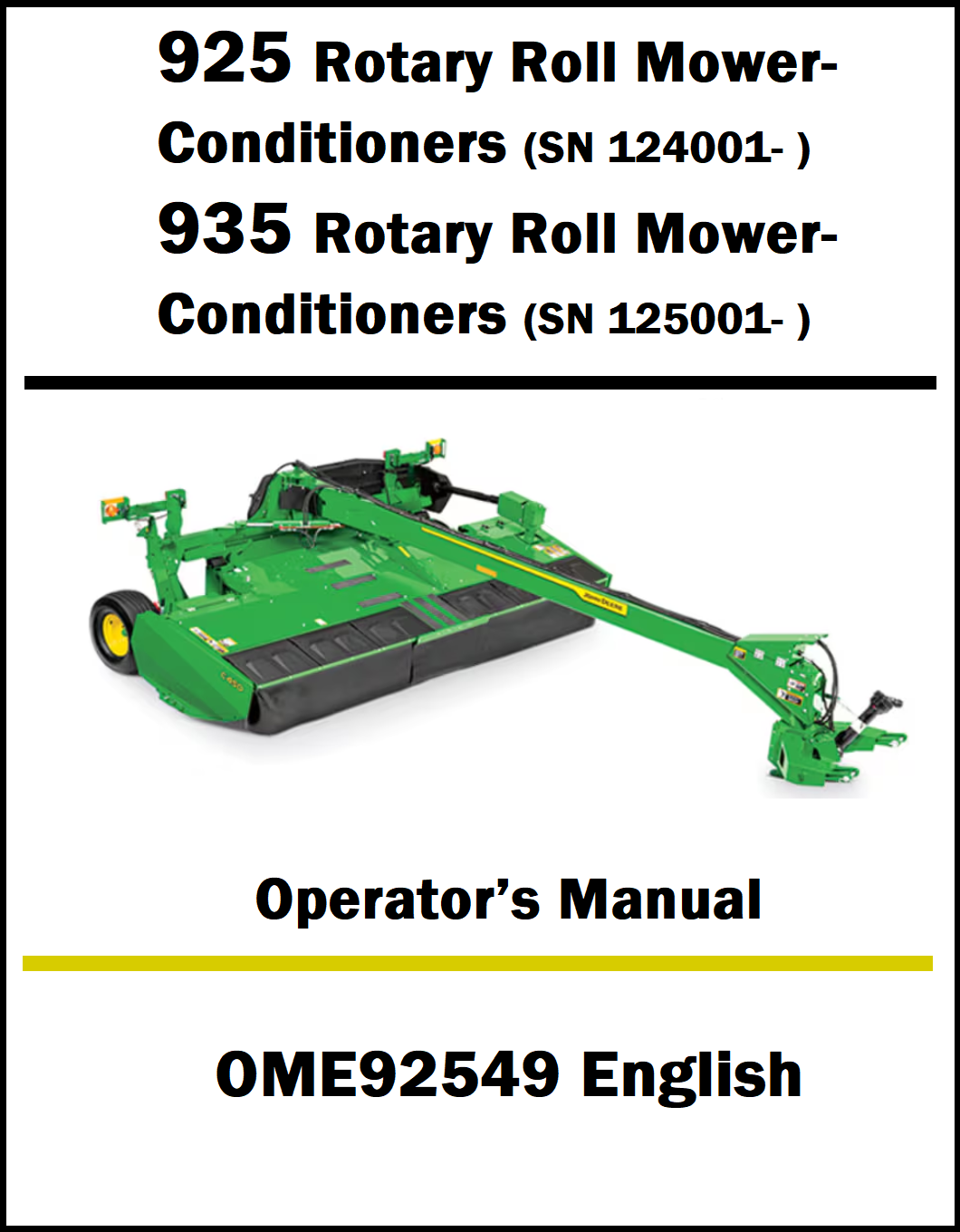 Operator's manual for 925 and 935 Rotary Roll Mowers with a green machine on a white background.