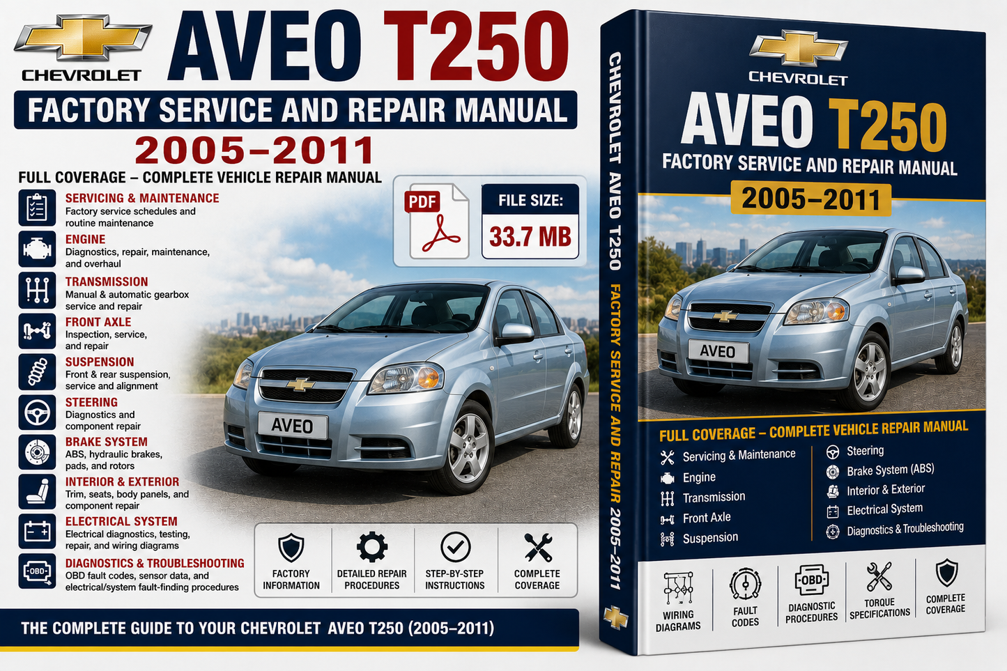 Chevrolet AVEO T250 Factory Service and Repair Manual book cover shown in front and back views on a white background, with a silver sedan pictured on the cover.