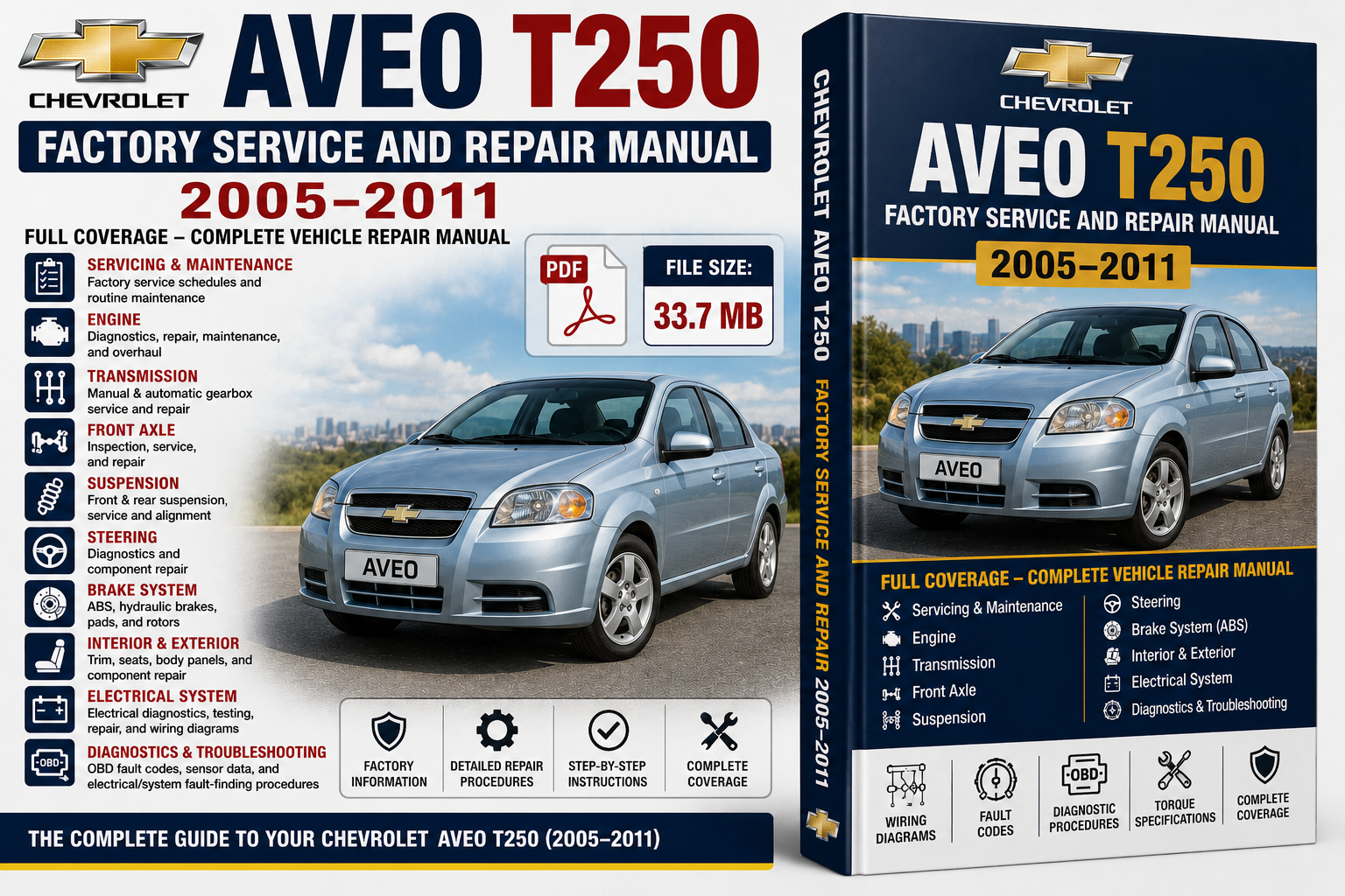Chevrolet AVEO T250 Factory Service and Repair Manual book cover shown in front and back views on a white background, with a silver sedan pictured on the cover.