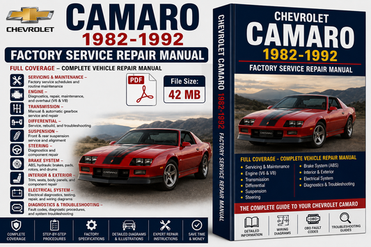 Chevrolet Camaro 1982-1992 Factory Service Repair Manual shown as a digital PDF product mockup with a front cover and spine view, featuring a red Camaro car and product details on a white background.