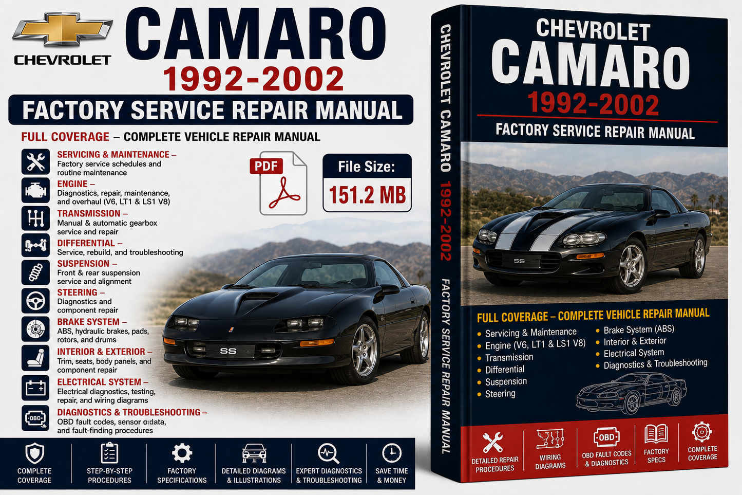 Chevrolet Camaro 1992-2002 Factory Service Repair Manual shown as a book cover and a PDF file preview on a white background.