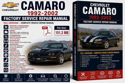 Chevrolet Camaro 1992-2002 Factory Service Repair Manual shown as a book cover and a PDF file preview on a white background.