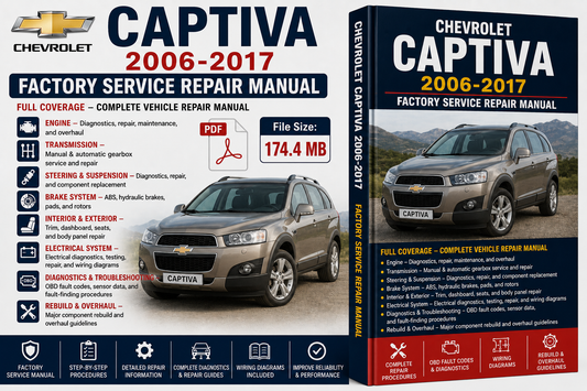 Chevrolet Captiva 2006-2017 Factory Service Repair Manual cover and box set, showing a silver SUV on the front cover and a dark blue spine, with file size 174.4 MB and PDF icon.