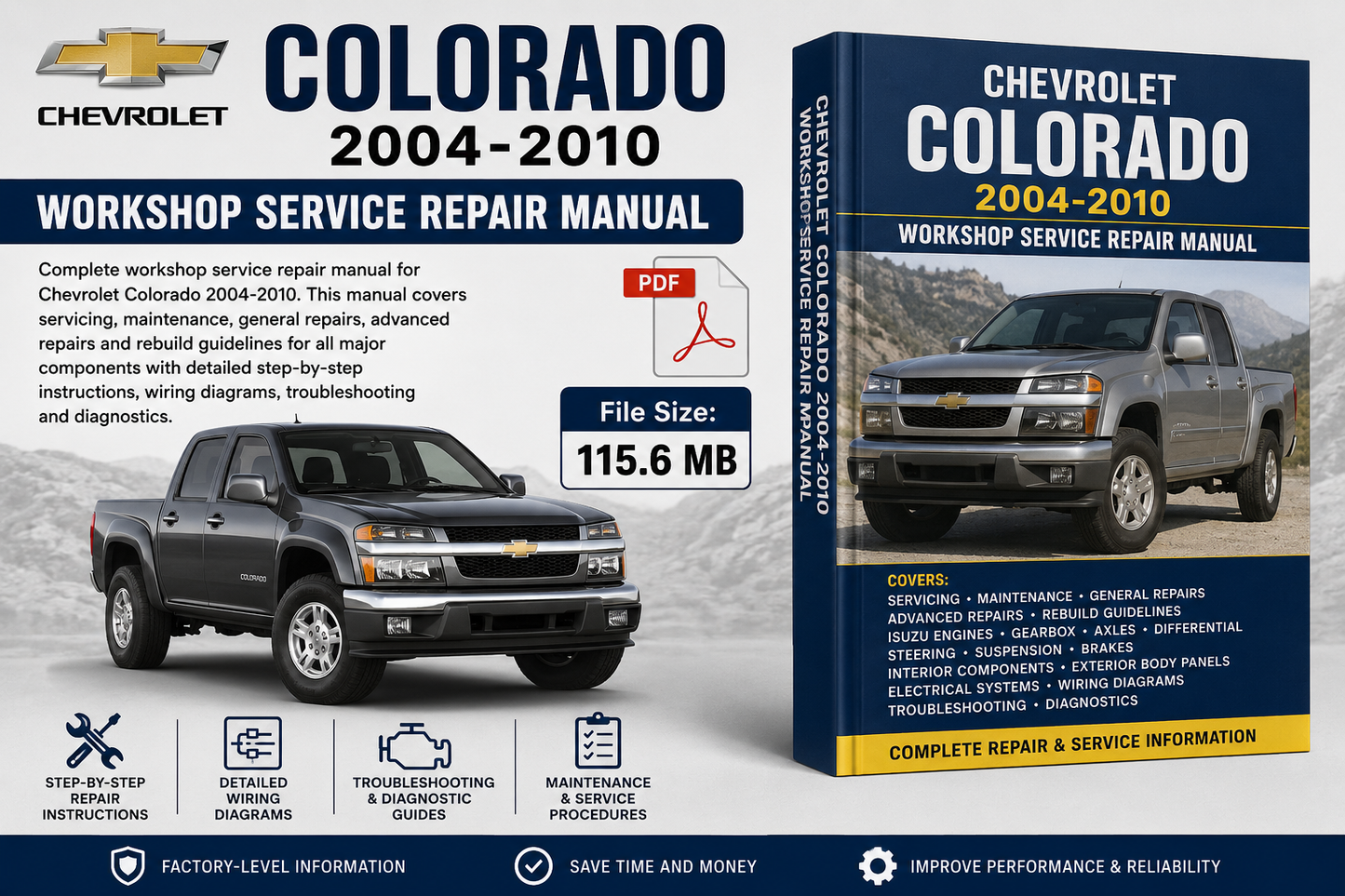Chevrolet Colorado 2004-2010 Workshop Service Repair Manual cover and file size preview on a white background, with a vehicle photo, product title, file size 115.6 MB, and feature icons.