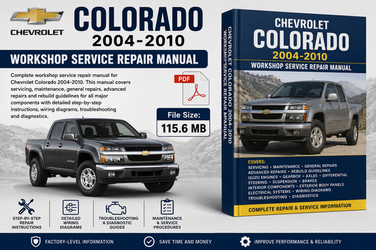 Chevrolet Colorado 2004-2010 Workshop Service Repair Manual cover and file size preview on a white background, with a vehicle photo, product title, file size 115.6 MB, and feature icons.