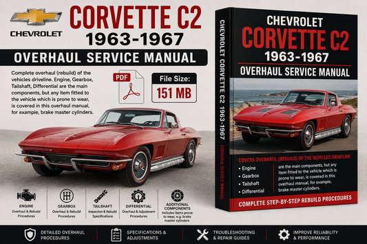 Promotional graphic for a Chevrolet Corvette C2 1963-1967 overhaul service manual, showing a red Corvette car, a black-and-red manual cover, file size information, and feature icons on a white background.