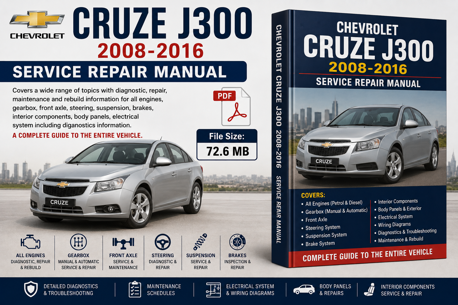 Chevrolet Cruze J300 2008-2016 Service Repair Manual cover and box mockup on a white background, with a silver sedan shown on the cover and text indicating PDF format and 72 MB file size.