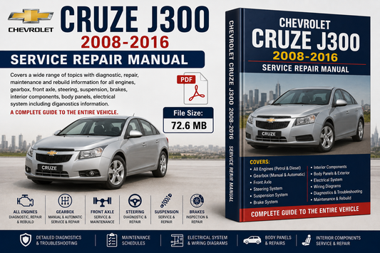 Chevrolet Cruze J300 2008-2016 Service Repair Manual cover and box mockup on a white background, with a silver sedan shown on the cover and text indicating PDF format and 72 MB file size.