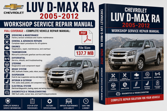 Chevrolet LUV D-MAX RA 2005-2012 workshop service repair manual cover and packaging shown on a white background, with a vehicle photo, file size info, and feature icons.