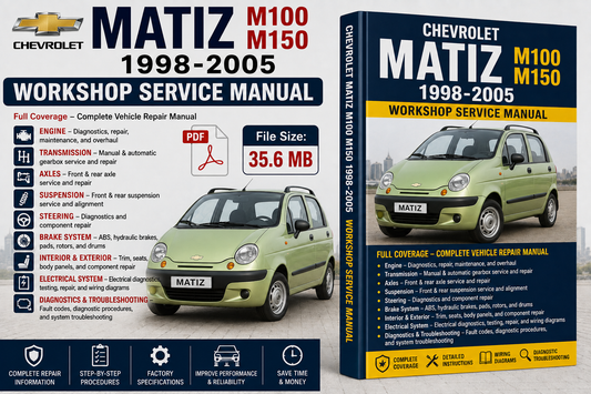 Chevrolet Matiz M100 M150 1998-2005 Workshop Service Manual PDF cover and book mockup, with a light green car illustration and product details including file size 35.6 MB.