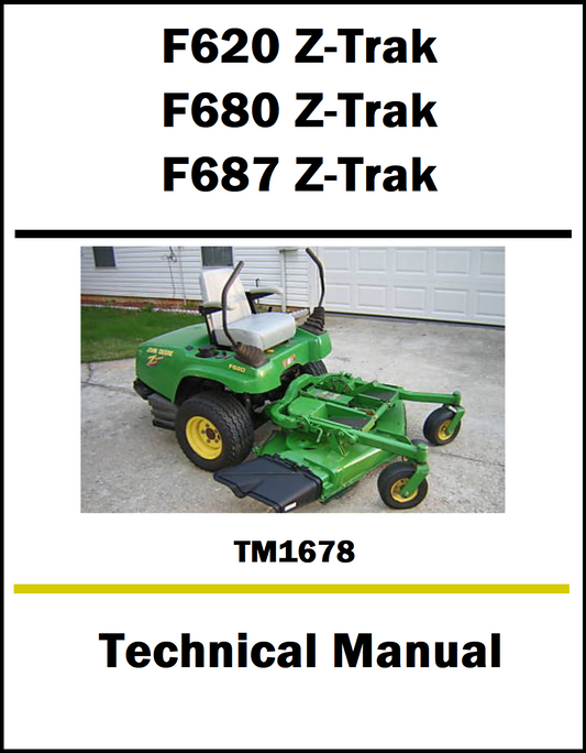 Technical manual cover for John Deere F620, F680, and F687 Z-Trak models with a lawn mower image.
