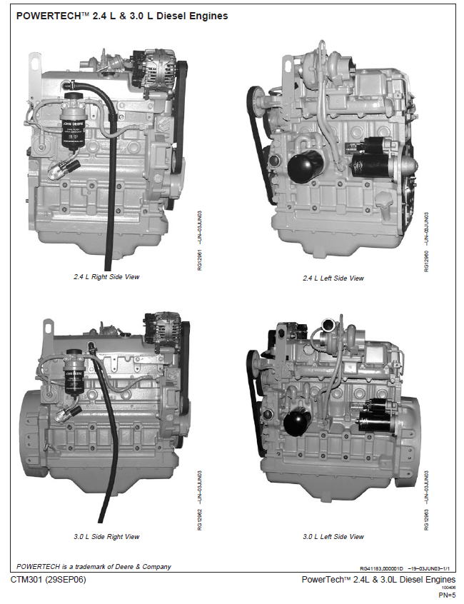 Technical diagram of PowerTech 2.4L and 3.0L diesel engines from different angles.
