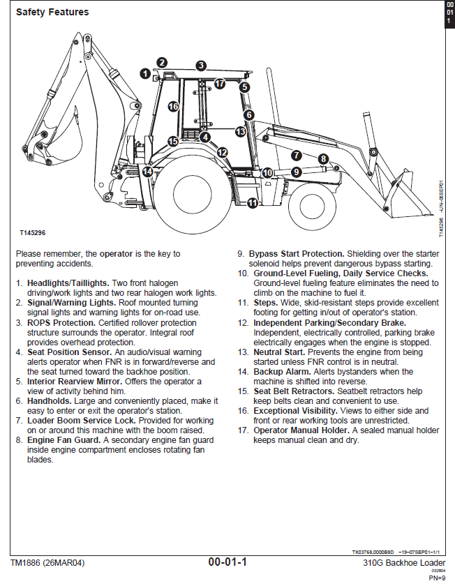 Diagram of a backhoe loader with safety features labeled on a white background.