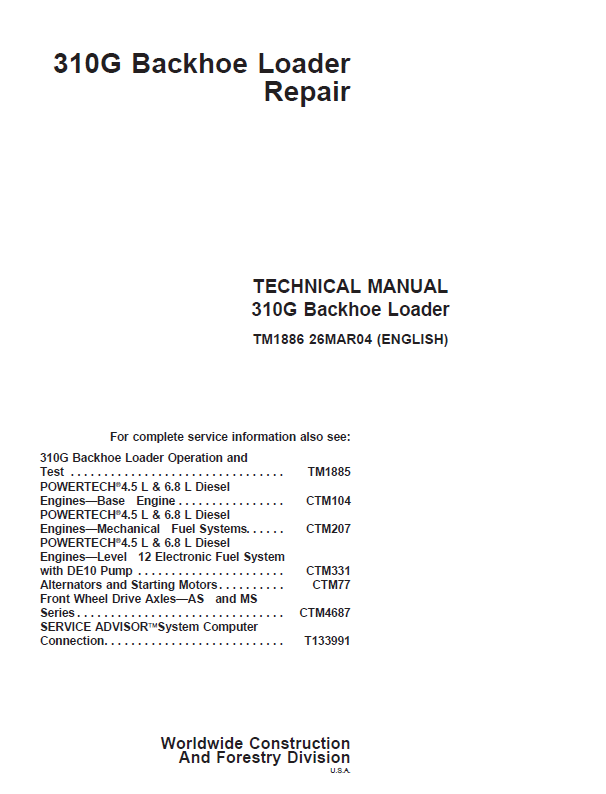 Technical manual for 310G Backhoe Loader repair on a white background