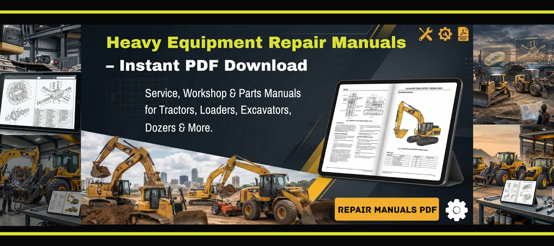 Advertisement for heavy equipment repair manuals with images of construction vehicles and a PDF document.